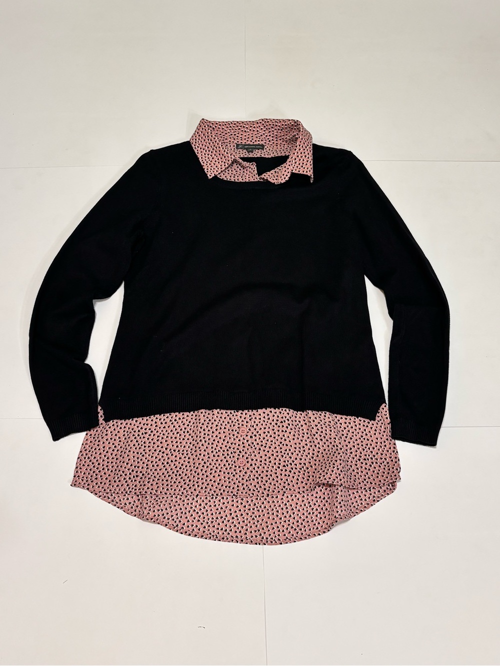 Adrianna Papell Black Sweater Top with Pink Printed Shirt Hem & Collar
